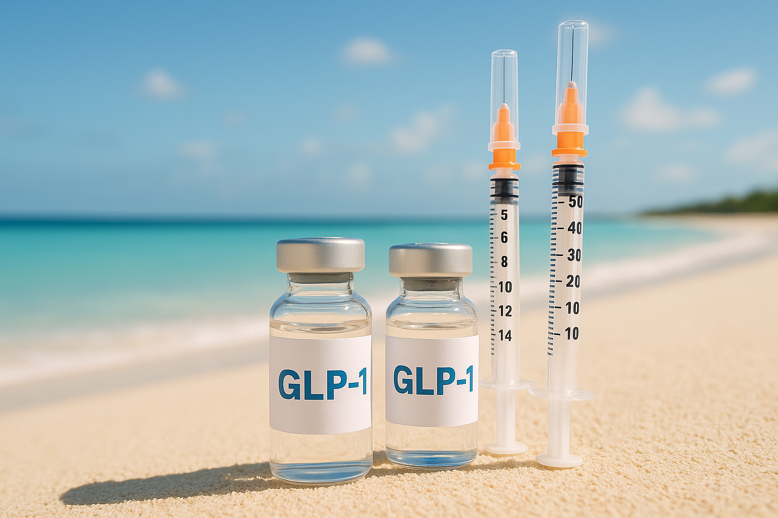 GLP-1 Vials with insulin pins and summer beach in background
